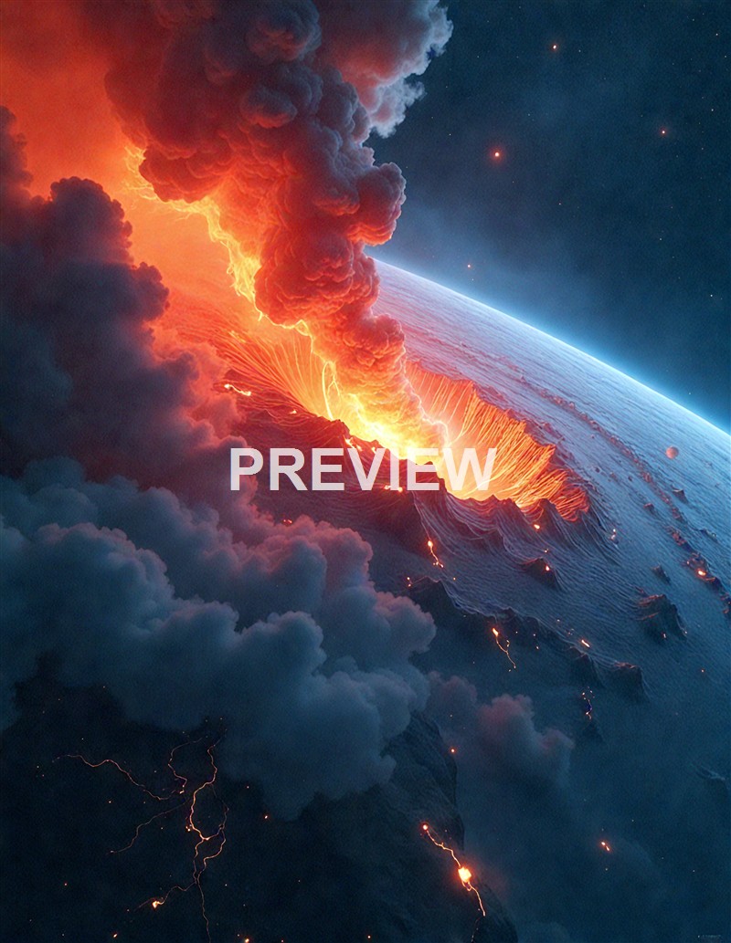 The image depicts a volcanic eruption on Earth with a massive plume of ash and lava spewing into space, creating a dramatic scene with clouds and stars in the background.